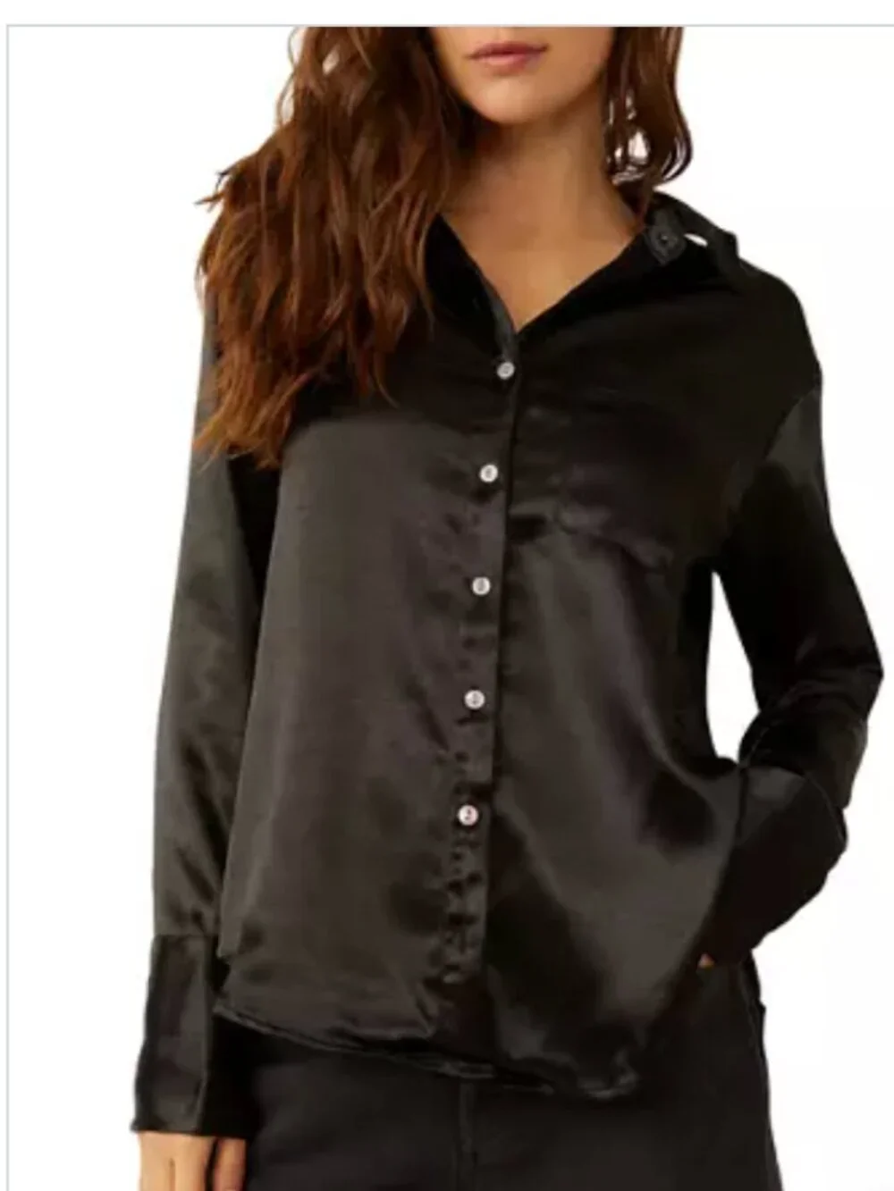 FREE PEOPLE Shooting for the Moon Button Down Black Silky Shirt size medium